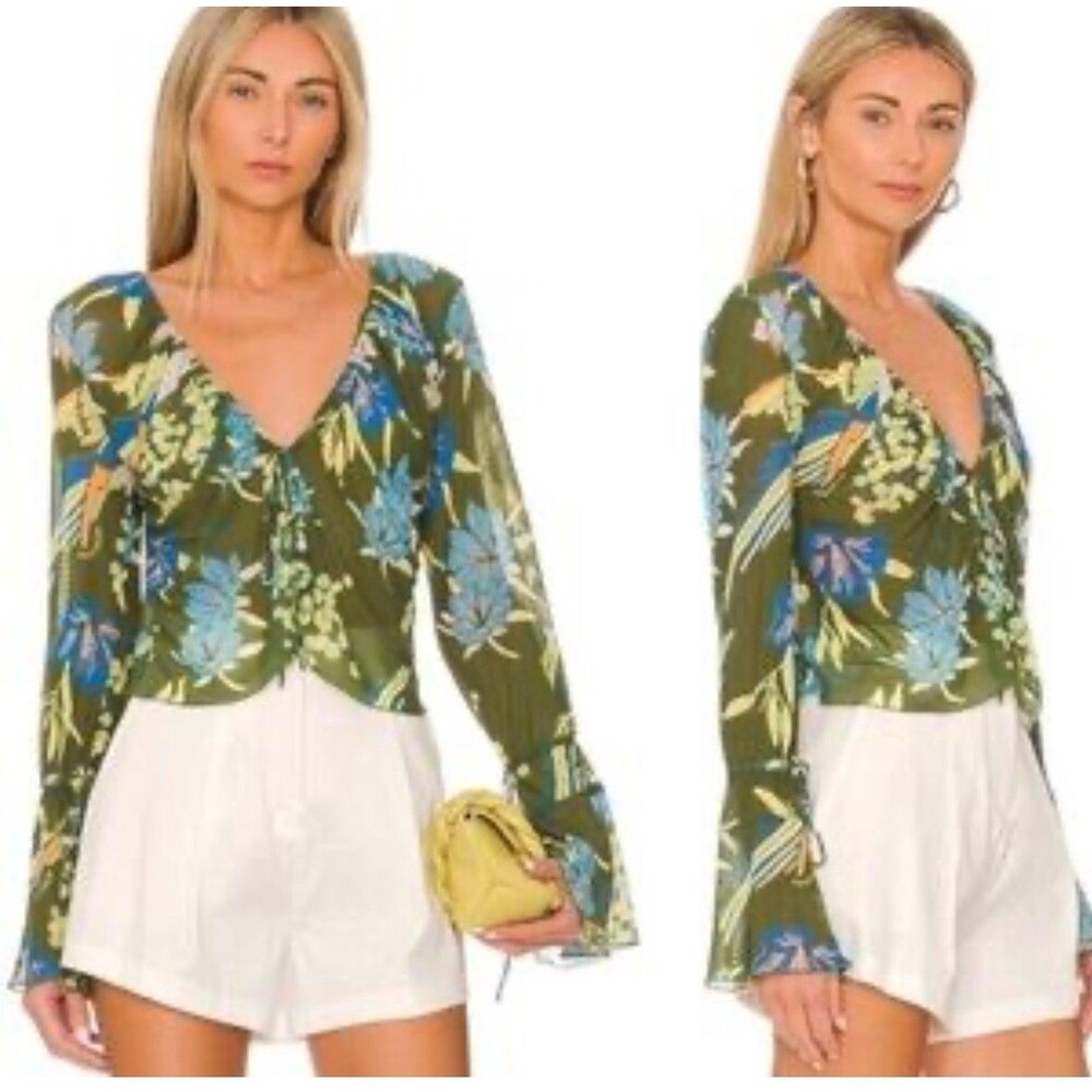 NWT Free People Floral Print of Paradise Semi Sheer V-Neck Crop Boho Top Size XS